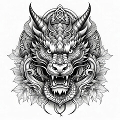 Vector illustration, Asian dragon and mask tattoo template, Asian patterns and ornaments, hand drawn sketch, Asian devil mask,