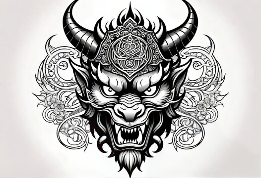 Vector illustration, Asian dragon and mask tattoo template, Asian patterns and ornaments, hand drawn sketch, Asian devil mask,