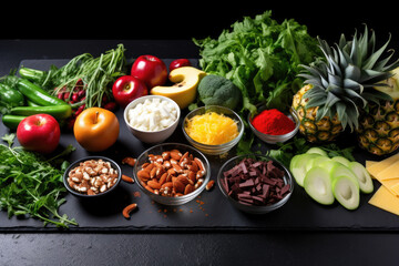 Fruits and vegetables dark background, healthy eating and diet