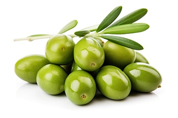 Green olives ripe with leaves on white background - obrazy, fototapety, plakaty