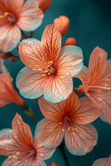 Blooms with petals that have an unusual combination of teal and rust orange stripes,