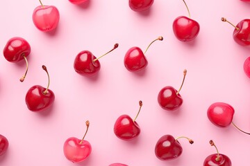 Red cherry on pink background ripe berries as background Flat lay top view copy space