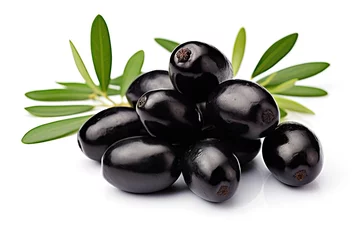 Gordijnen Black olives and leaves on white background with clipping path © The Big L
