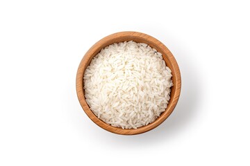 Fototapeta na wymiar White rice and paddy rice in wooden bowl with rice ear seen from above on white backdrop