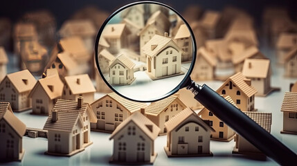 buy new home. Searching new house for purchase. Rental housing market. Magnifying glass near residential building - obrazy, fototapety, plakaty
