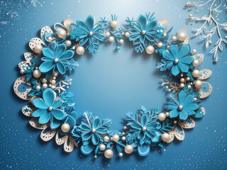 Christmas holiday wreath. 3d decorative snowflakes with shadow and pearls. Blue dotted background designs with greeting text. Vector illustration design.