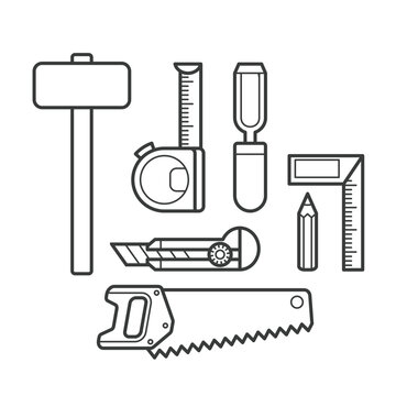 Simple cartoon carpentry and construction tools for home equipment and maintenance outline vector design art