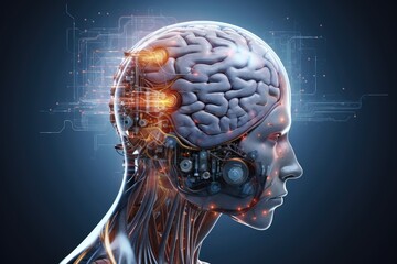 Obraz premium Brain sectional imaging X-ray and CT scan technique, cyborg radiography. Radiation dose, film and tomograms. Hounsfield Units (HU) CT angiography human mind head skull fractal axon ai medtech model.
