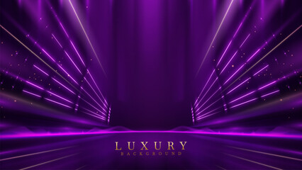 Purple stage scene with vibrant violet neon light effects and golden with bokeh. Luxury modern background. Vector illustration.