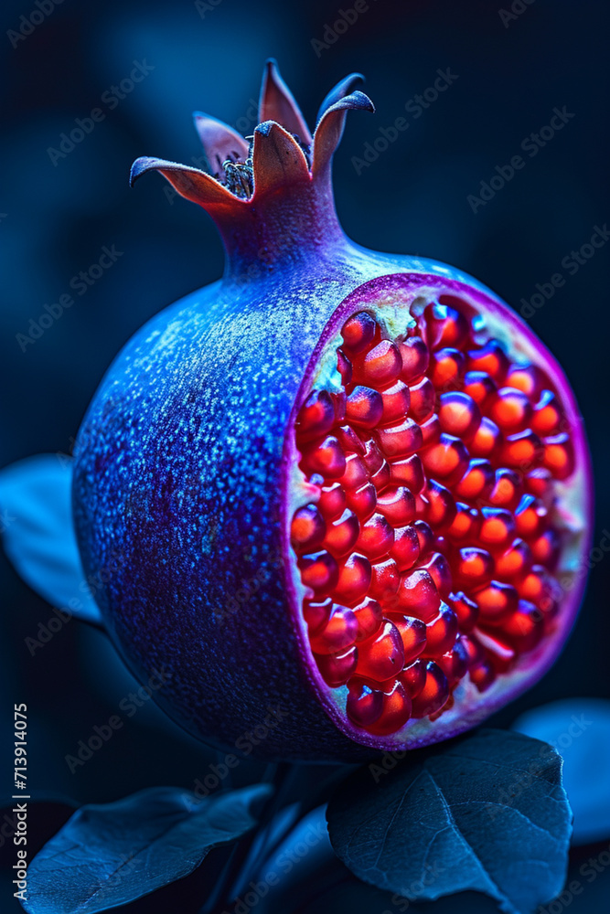 Poster an image of a pomegranate with seeds transitioning from fluorescent yellow to deep blue,