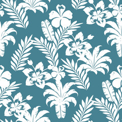 White seamless Tropical floral pattern on blue background.