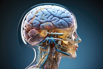Human Brain region: hippocampus, amygdala, frontal, parietal, temporal, occipital lobes, Broca's and Wernicke's areas, corpus callosum, basal ganglia. 3D brain parts model cyborg ai medtech skull head - obrazy, fototapety, plakaty