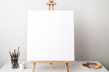 Blank canvas brushes paints palette on table with easel