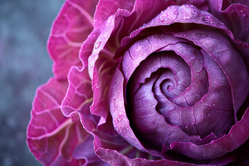 A close-up of a red cabbage cut, highlighting the delicate balance between the rigid structure and the soft leaves, - obrazy, fototapety, plakaty