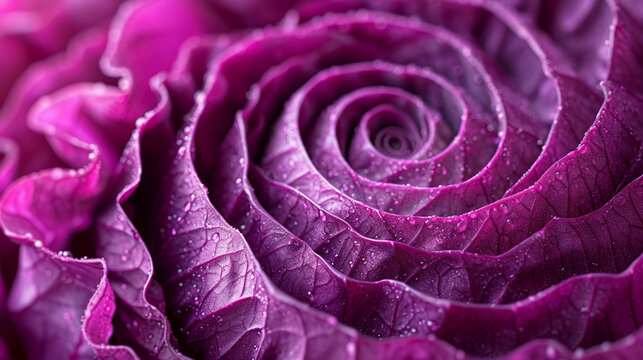 An image capturing the abstract beauty of a red cabbage cross-section, with a focus on the swirling patterns,