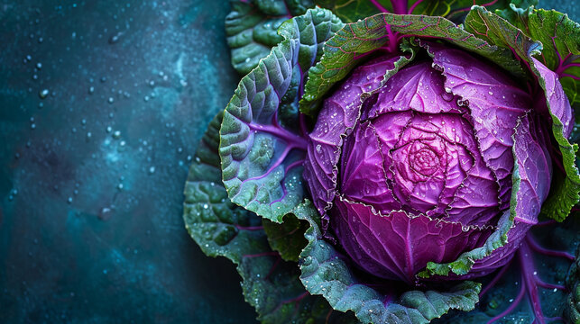 An image of a red cabbage cut, showcasing the striking contrast between the densely packed inner leaves and the looser outer ones,