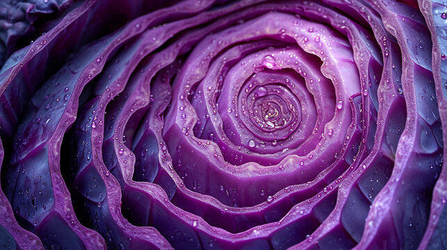 An image of a red cabbage cross-section, capturing the subtle differences in color and texture between each layer,
