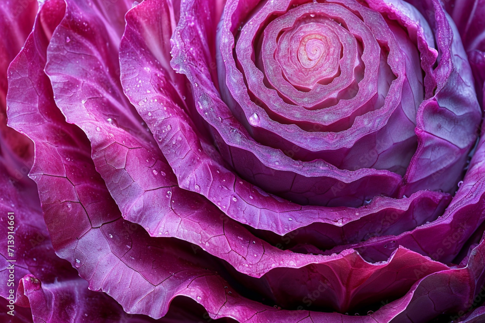 Poster a close-up of a red cabbage cross-section, capturing the beauty of its complex, layered structure in