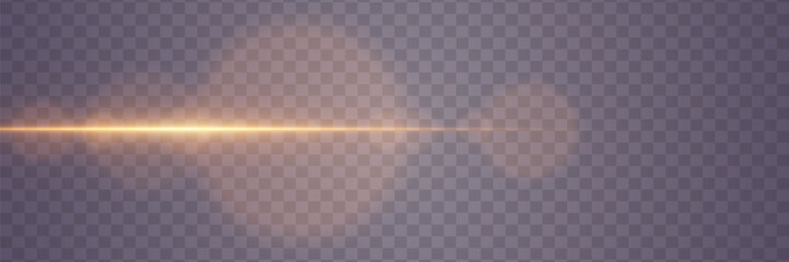 Fototapeta premium Golden horizontal glare of light. Line flash effect. On a transparent background.