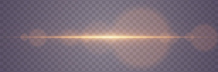 Golden horizontal glare of light. Line flash effect. On a transparent background.