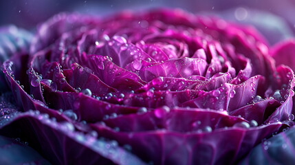 A macro shot of a red cabbage cut, focusing on the point where the dense heart transitions to the looser outer leaves, - obrazy, fototapety, plakaty