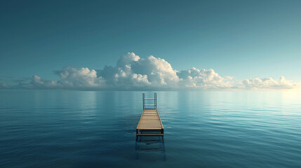 An illustration of a ladder connecting a tranquil sea to a peaceful sky, blending the horizon,