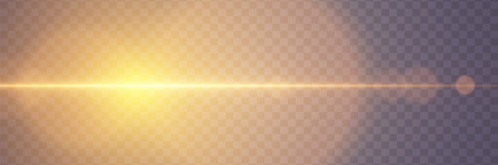 Golden horizontal glare of light. Line flash effect. On a transparent background.
