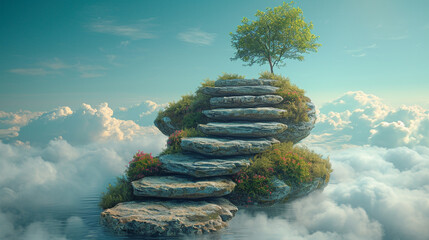 An image of a ladder with steps made of different natural elements like stone, wood, and water, ascending to the clouds, - obrazy, fototapety, plakaty