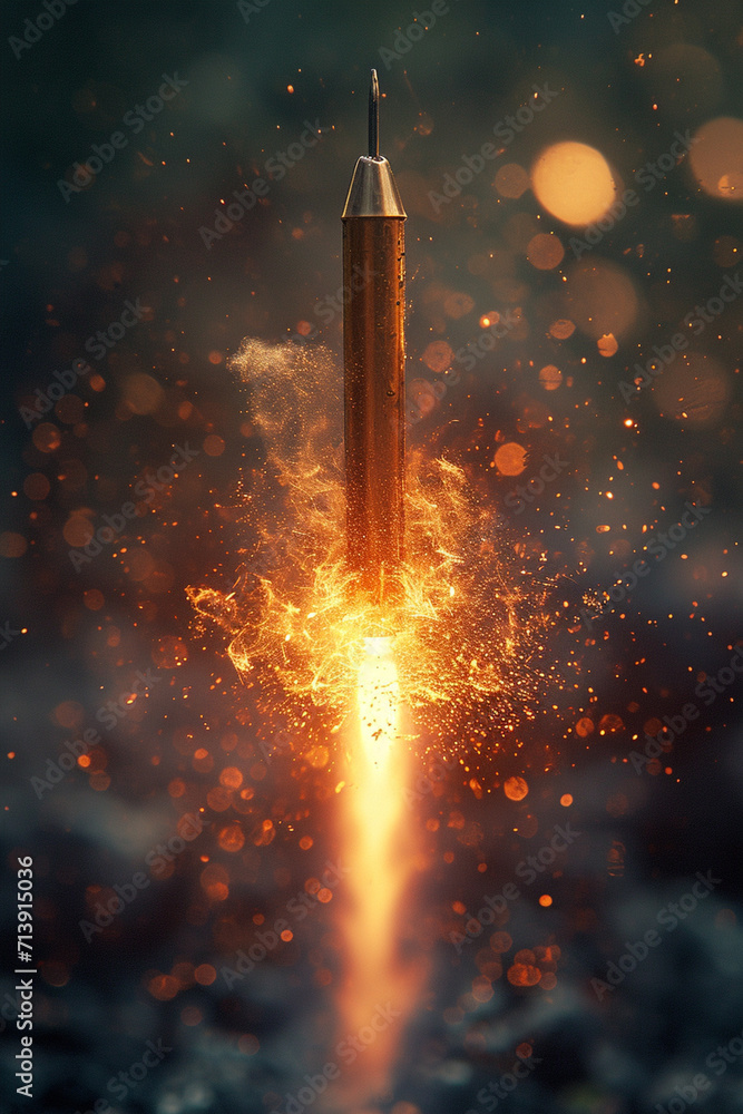 Poster a surreal depiction of a dart transforming into a tiny rocket, complete with fiery exhaust,