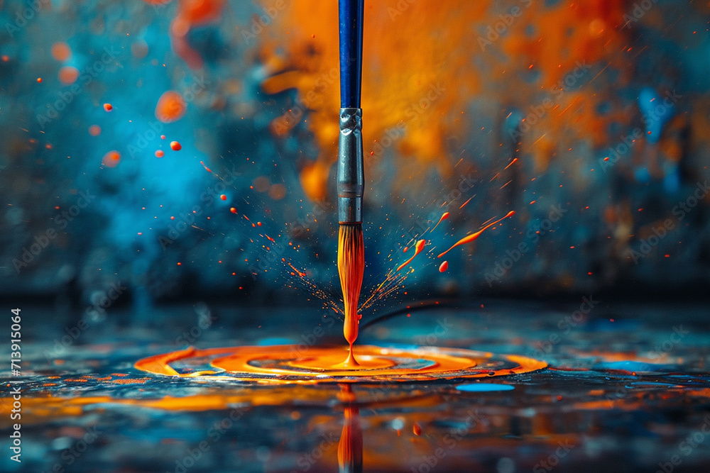 Poster an abstract portrayal of a dart morphing into a stream of paint, splashing a target with vibrant col