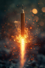 A surreal depiction of a dart transforming into a tiny rocket, complete with fiery exhaust,
