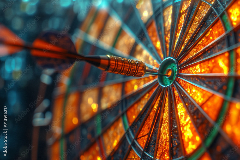 Poster an image of a dart that changes colors based on the angle and light as it flies,