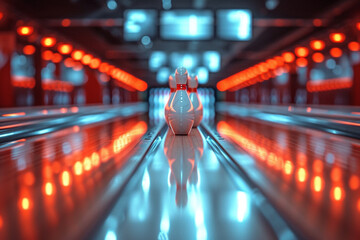 An image of a bowling alley on the moon, with the pins floating in low gravity, - obrazy, fototapety, plakaty
