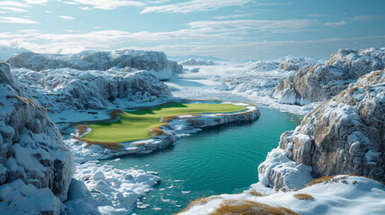 An image of a golf course set in an arctic landscape, with icebergs and polar bears as hazards, - obrazy, fototapety, plakaty