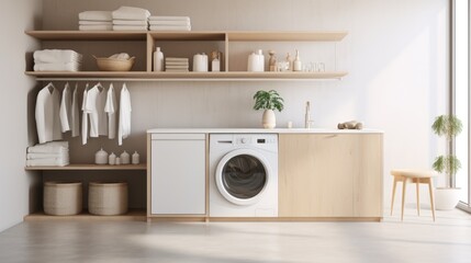 Modern and functional laundry room with washing maching,  shelves and storage space