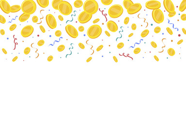 Coins falling and confetti. Vector illustration.
