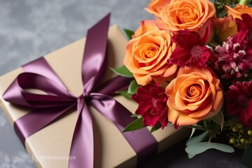 Bouquet of roses and gift box. Valentine Gift