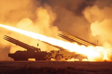 military attack On the ground, the firing of multiple-barreled rocket systems artillery rocket system - obrazy, fototapety, plakaty