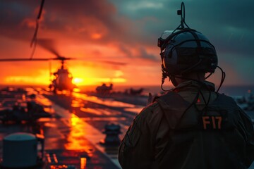 A signaller sends a signal to an anti-submarine helicopter on the flight deck of an air combat aircraft carrier.
