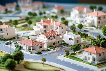 Fototapeta na wymiar modern generic contemporary style miniature model of villa house neighborhood with tilt-shift focus technique on white background