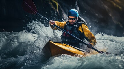 Obraz premium Adventure, white water kayaking challenge, extreme kayaking adventure Man in kayak sailing along mountain river