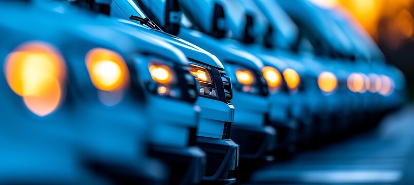 Row of white delivery vans, transport service company with copy space for text placement