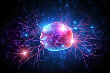 Naklejka na ściany i meble Neural Colorful Brain Nerve Cell Energy Connection, Brain Dots Pattern Neuronal Network, Vibrant Colored motley medical vector human mind energy lightning brain tree neurons communicating illustration