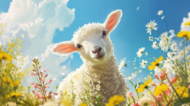 Cute baby lamb in the blooming flower field. Greeting card, Easter or springtime concepts