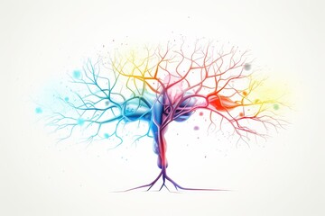 Obraz premium Neural Colorful Brain Nerve Cell Energy Connection, Brain Dots Pattern Neuronal Network, Vibrant Colored motley medical vector human mind energy lightning brain tree neurons communicating illustration