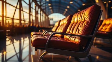 Empty chairs in the departure hall at airport with golden sunset rays. Travel, transportation concept. Generative AI