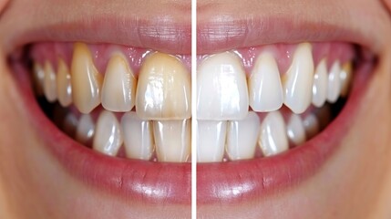 Close up radiant smile transformation before and after dental whitening evolution process