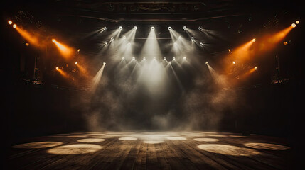 Empty concert stage with illuminated spotlights and smoke. Stage background , white spotlight and smoke - obrazy, fototapety, plakaty