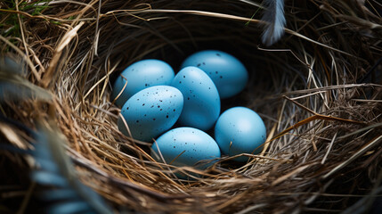 Naklejka na ściany i meble Blue bright raw chicken eggs in bird's straw nest. Greeting card for Happy Easter. Concept of preparing for religious holiday, healthy food, religion. Farm products in rustic kitchen