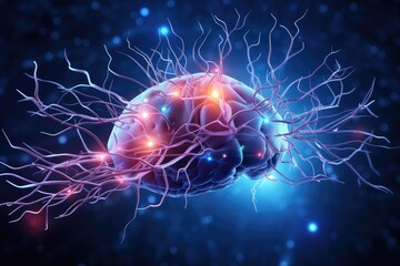 Neuronal network neurons, brain synapses connections to Peripheral Nervous System (PNS). Colorful fractal lightning brain light vivid neurons communicating via neurotransmitter in humans brain network